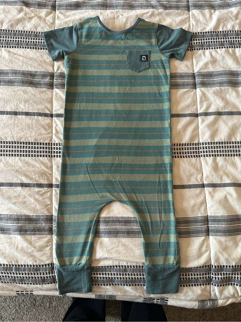 Rags to Raches Teal and Olive Striped Kids Romper